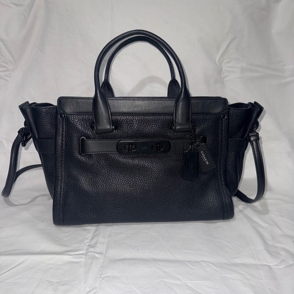 Coach Swagger Satchel – RARE Smooth Black Leather Metal Hardware Luxury Handbag - Picture 1 of 16